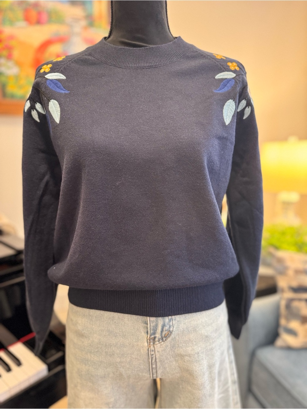 Navy Blue Embroidered Sweater